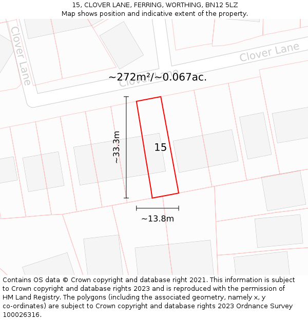 15, CLOVER LANE, FERRING, WORTHING, BN12 5LZ: Plot and title map