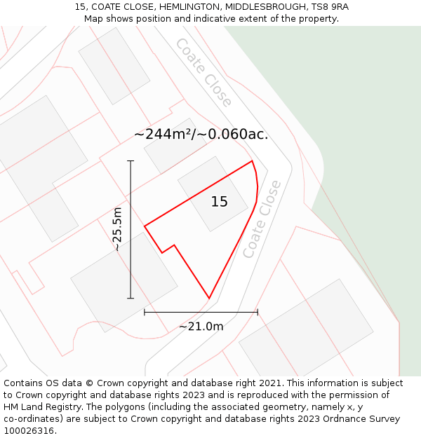 15, COATE CLOSE, HEMLINGTON, MIDDLESBROUGH, TS8 9RA: Plot and title map