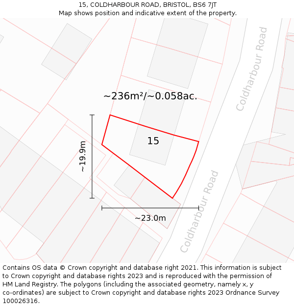 15, COLDHARBOUR ROAD, BRISTOL, BS6 7JT: Plot and title map