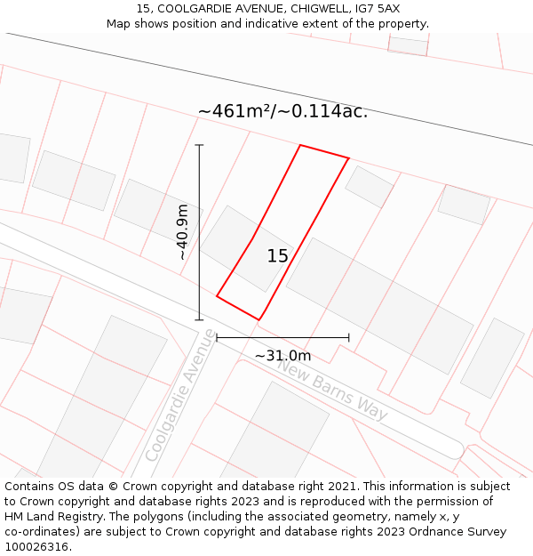 15, COOLGARDIE AVENUE, CHIGWELL, IG7 5AX: Plot and title map