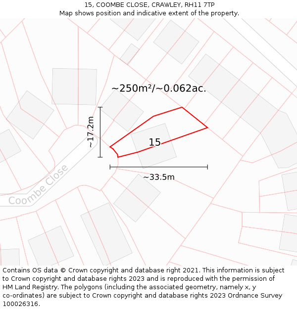 15, COOMBE CLOSE, CRAWLEY, RH11 7TP: Plot and title map