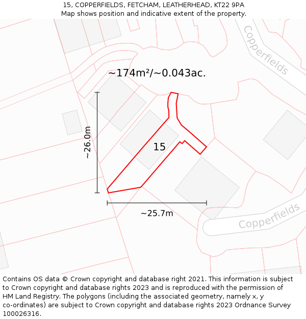 15, COPPERFIELDS, FETCHAM, LEATHERHEAD, KT22 9PA: Plot and title map