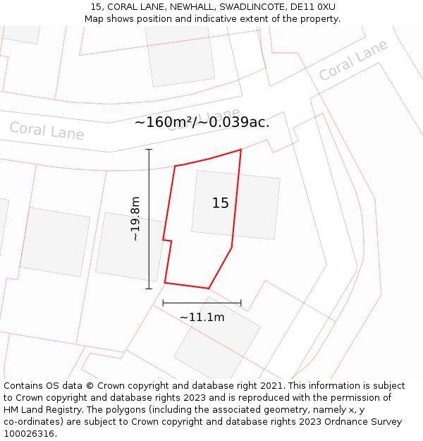 15, CORAL LANE, NEWHALL, SWADLINCOTE, DE11 0XU: Plot and title map