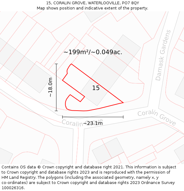 15, CORALIN GROVE, WATERLOOVILLE, PO7 8QY: Plot and title map