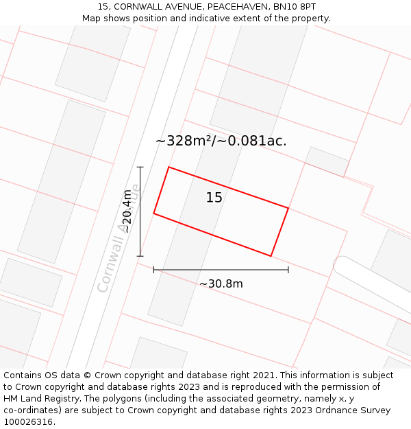 15, CORNWALL AVENUE, PEACEHAVEN, BN10 8PT: Plot and title map