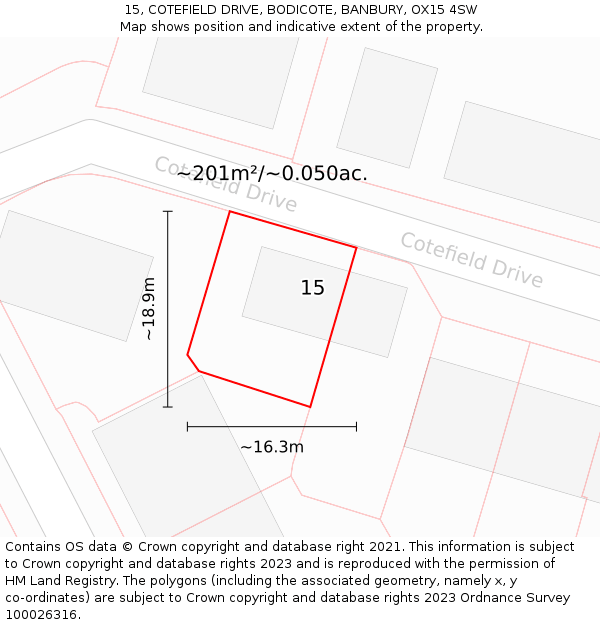 15, COTEFIELD DRIVE, BODICOTE, BANBURY, OX15 4SW: Plot and title map