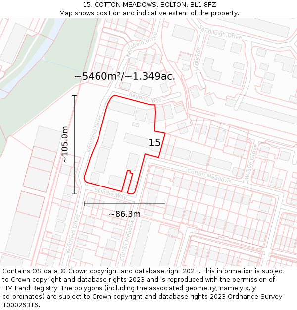 15, COTTON MEADOWS, BOLTON, BL1 8FZ: Plot and title map