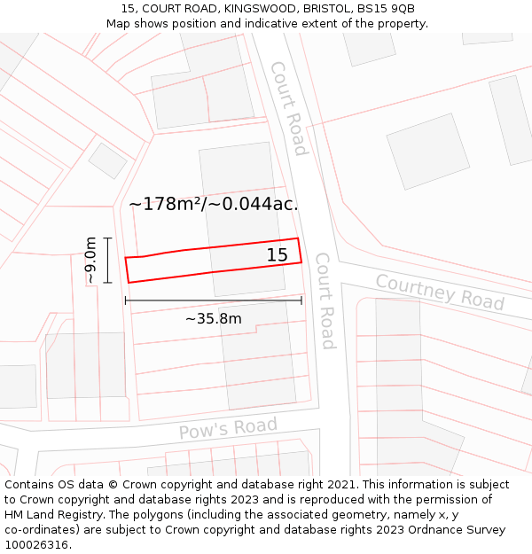 15, COURT ROAD, KINGSWOOD, BRISTOL, BS15 9QB: Plot and title map