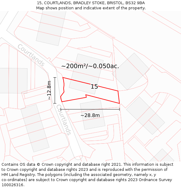 15, COURTLANDS, BRADLEY STOKE, BRISTOL, BS32 9BA: Plot and title map