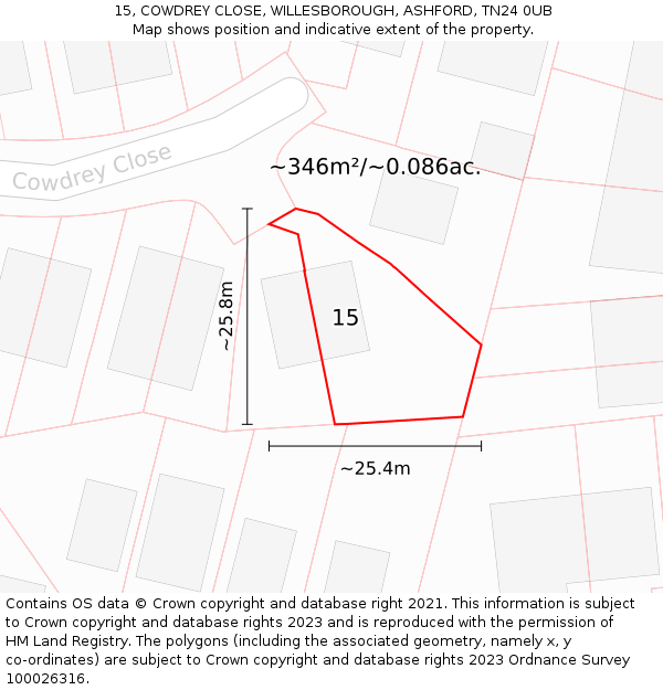 15, COWDREY CLOSE, WILLESBOROUGH, ASHFORD, TN24 0UB: Plot and title map