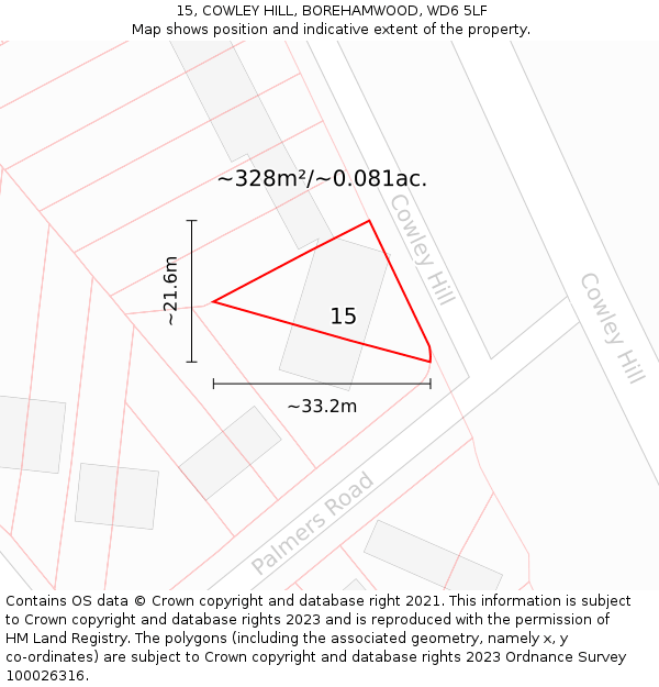 15, COWLEY HILL, BOREHAMWOOD, WD6 5LF: Plot and title map