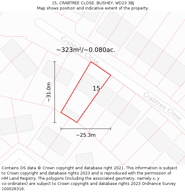 15, CRABTREE CLOSE, BUSHEY, WD23 3BJ: Plot and title map