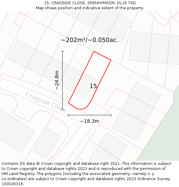 15, CRAGSIDE CLOSE, SPENNYMOOR, DL16 7SD: Plot and title map