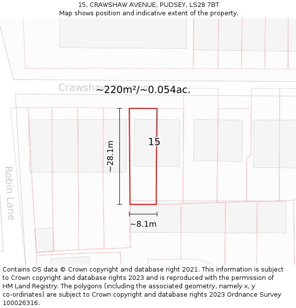 15, CRAWSHAW AVENUE, PUDSEY, LS28 7BT: Plot and title map