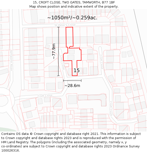 15, CROFT CLOSE, TWO GATES, TAMWORTH, B77 1BF: Plot and title map