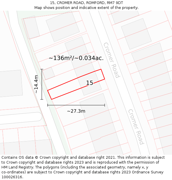 15, CROMER ROAD, ROMFORD, RM7 9DT: Plot and title map