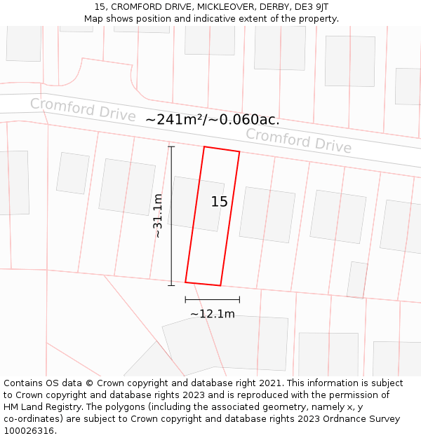 15, CROMFORD DRIVE, MICKLEOVER, DERBY, DE3 9JT: Plot and title map