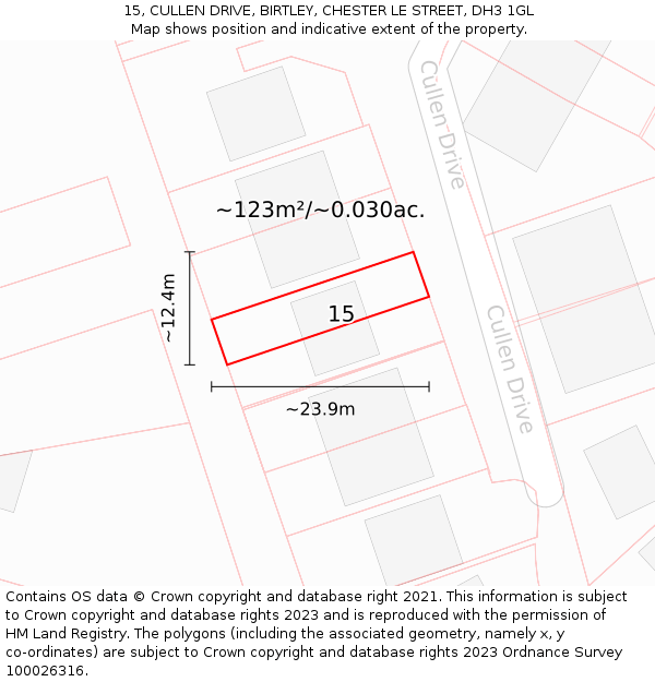 15, CULLEN DRIVE, BIRTLEY, CHESTER LE STREET, DH3 1GL: Plot and title map