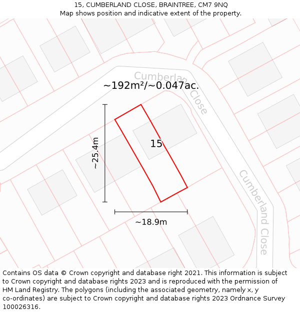 15, CUMBERLAND CLOSE, BRAINTREE, CM7 9NQ: Plot and title map