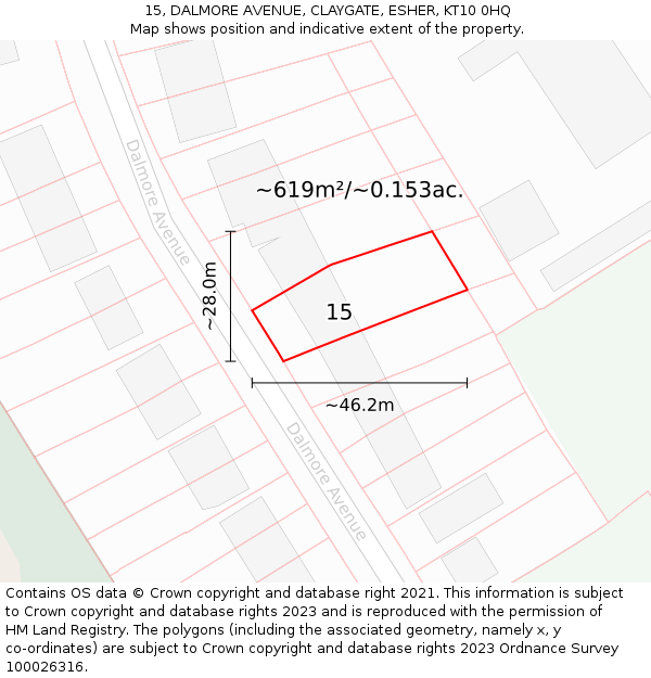 15, DALMORE AVENUE, CLAYGATE, ESHER, KT10 0HQ: Plot and title map