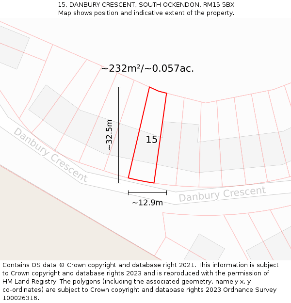 15, DANBURY CRESCENT, SOUTH OCKENDON, RM15 5BX: Plot and title map