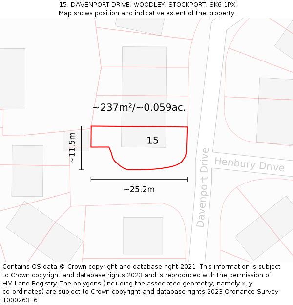 15, DAVENPORT DRIVE, WOODLEY, STOCKPORT, SK6 1PX: Plot and title map