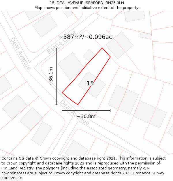 15, DEAL AVENUE, SEAFORD, BN25 3LN: Plot and title map