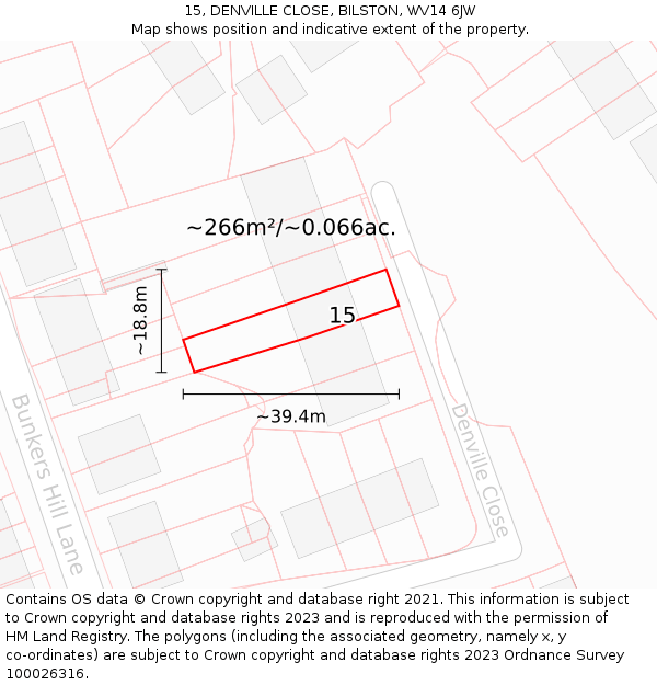 15, DENVILLE CLOSE, BILSTON, WV14 6JW: Plot and title map