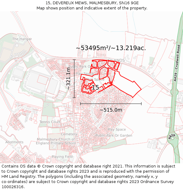 15, DEVEREUX MEWS, MALMESBURY, SN16 9GE: Plot and title map