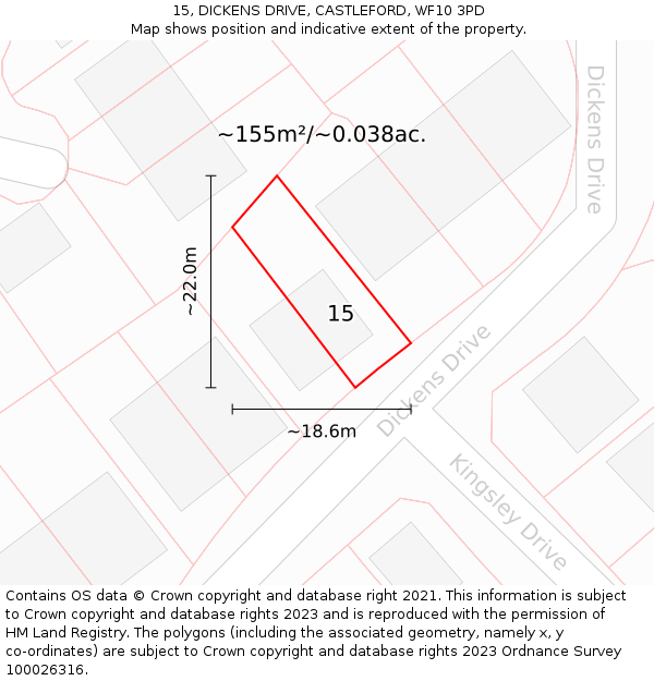 15, DICKENS DRIVE, CASTLEFORD, WF10 3PD: Plot and title map