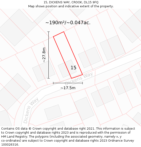 15, DICKENS WAY, CROOK, DL15 9FQ: Plot and title map