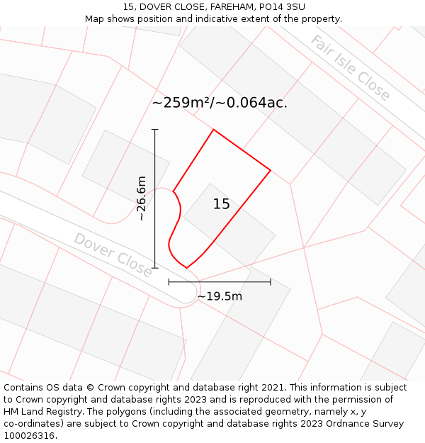 15, DOVER CLOSE, FAREHAM, PO14 3SU: Plot and title map