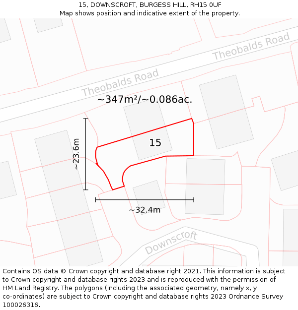 15, DOWNSCROFT, BURGESS HILL, RH15 0UF: Plot and title map