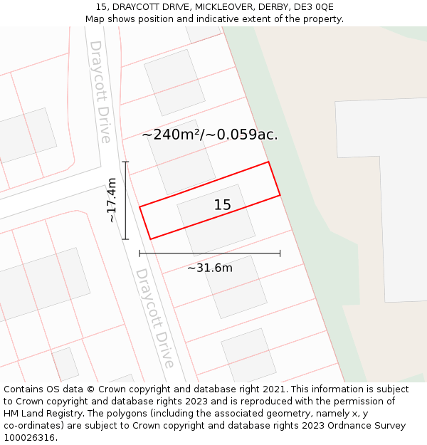 15, DRAYCOTT DRIVE, MICKLEOVER, DERBY, DE3 0QE: Plot and title map