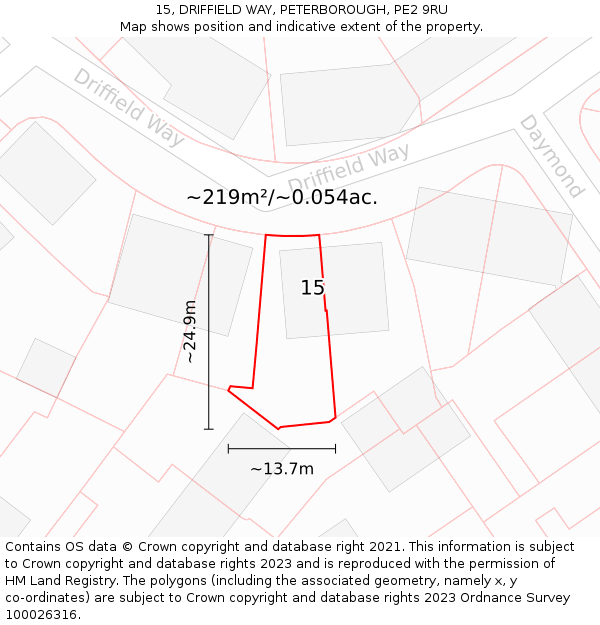 15, DRIFFIELD WAY, PETERBOROUGH, PE2 9RU: Plot and title map