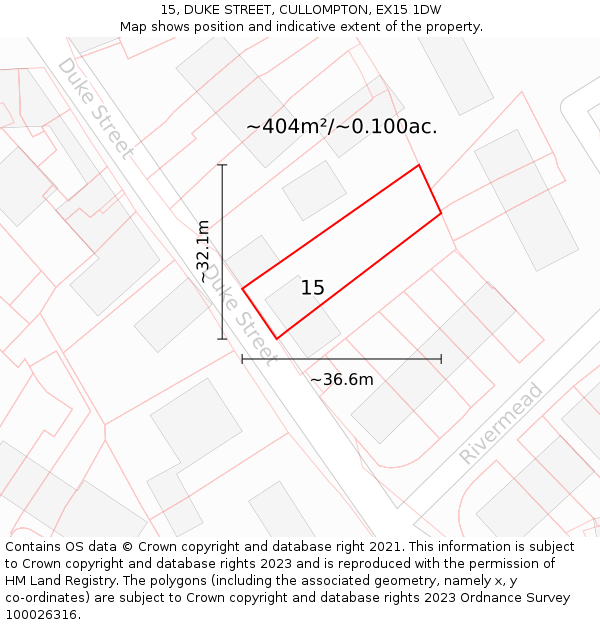 15, DUKE STREET, CULLOMPTON, EX15 1DW: Plot and title map