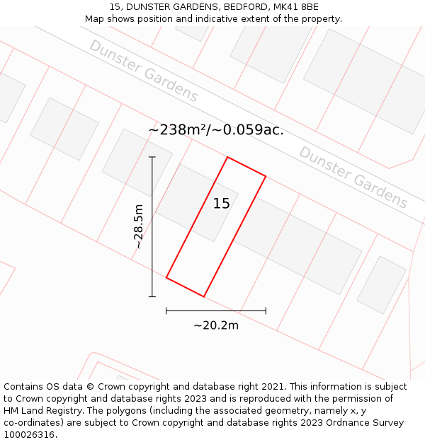 15, DUNSTER GARDENS, BEDFORD, MK41 8BE: Plot and title map