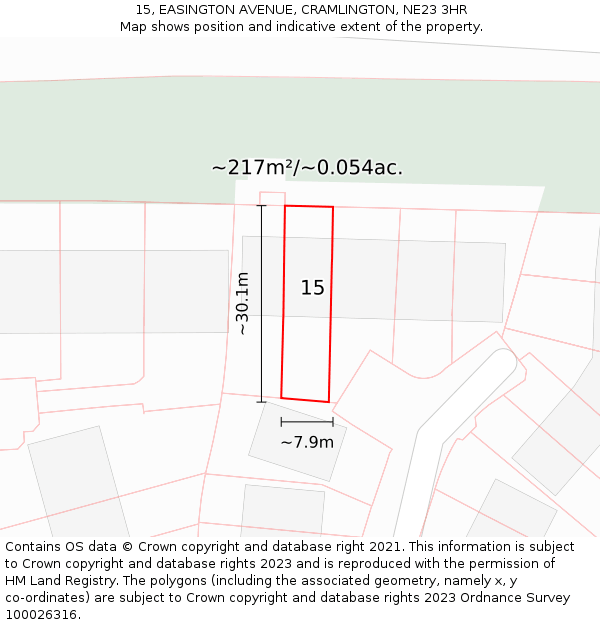 15, EASINGTON AVENUE, CRAMLINGTON, NE23 3HR: Plot and title map