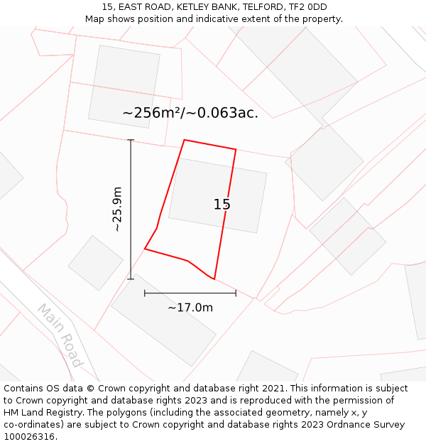 15, EAST ROAD, KETLEY BANK, TELFORD, TF2 0DD: Plot and title map