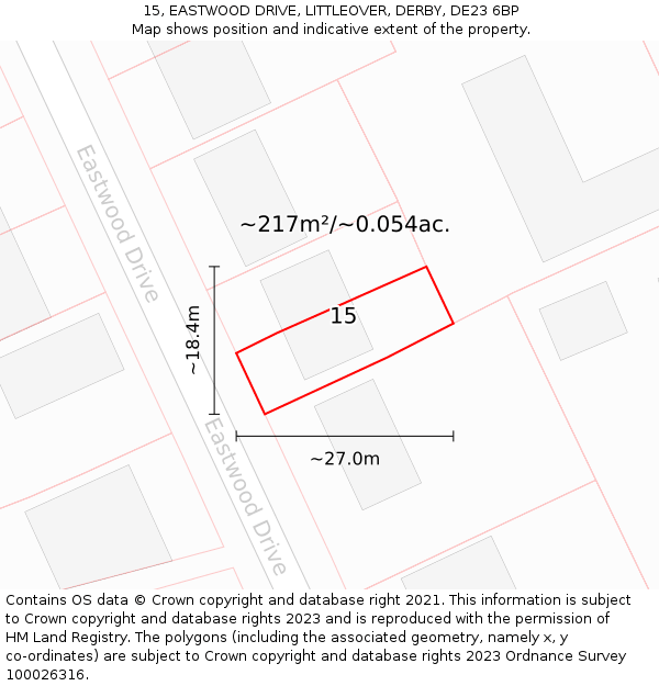 15, EASTWOOD DRIVE, LITTLEOVER, DERBY, DE23 6BP: Plot and title map