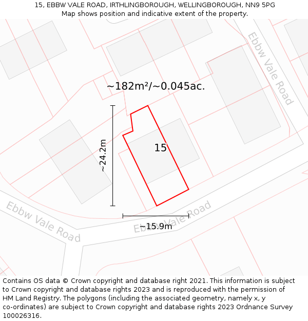 15, EBBW VALE ROAD, IRTHLINGBOROUGH, WELLINGBOROUGH, NN9 5PG: Plot and title map