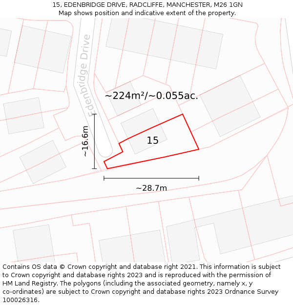 15, EDENBRIDGE DRIVE, RADCLIFFE, MANCHESTER, M26 1GN: Plot and title map