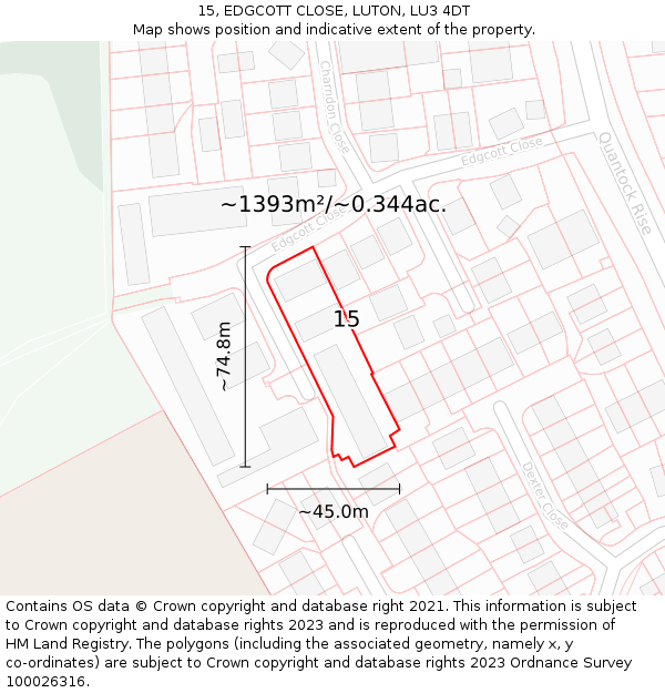 15, EDGCOTT CLOSE, LUTON, LU3 4DT: Plot and title map