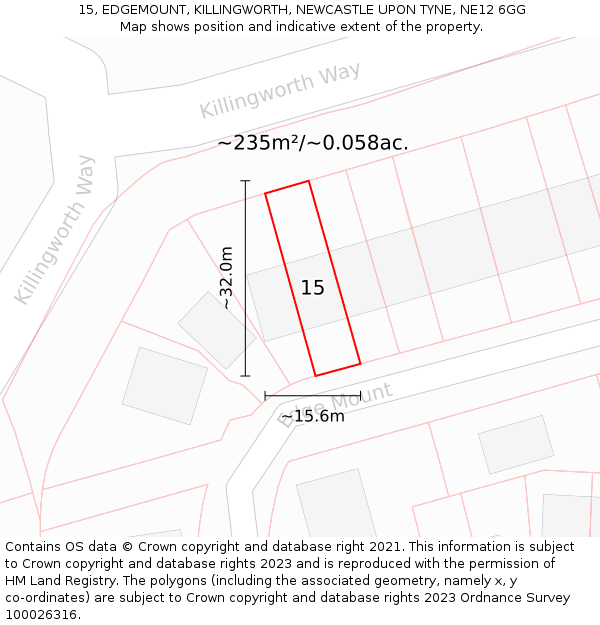 15, EDGEMOUNT, KILLINGWORTH, NEWCASTLE UPON TYNE, NE12 6GG: Plot and title map