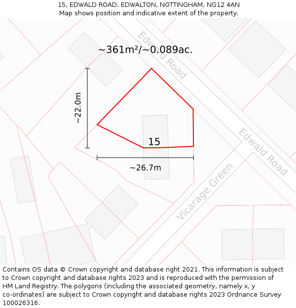 15, EDWALD ROAD, EDWALTON, NOTTINGHAM, NG12 4AN: Plot and title map