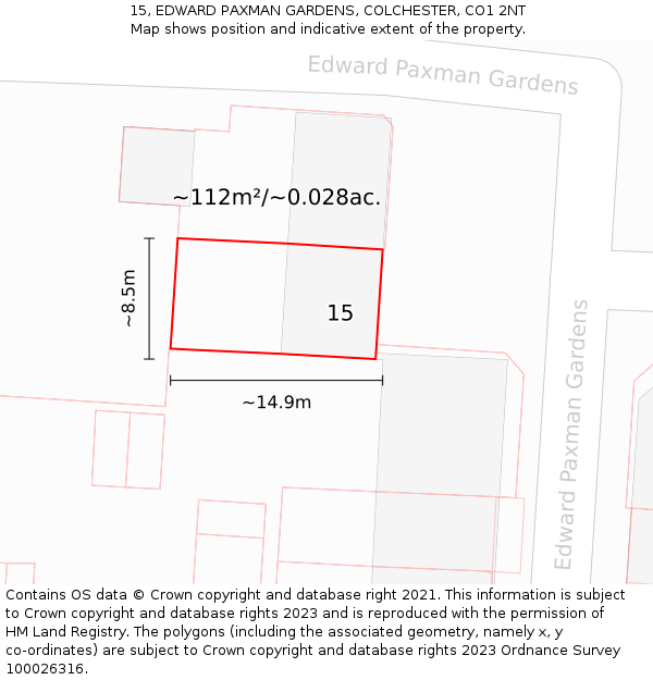 15, EDWARD PAXMAN GARDENS, COLCHESTER, CO1 2NT: Plot and title map