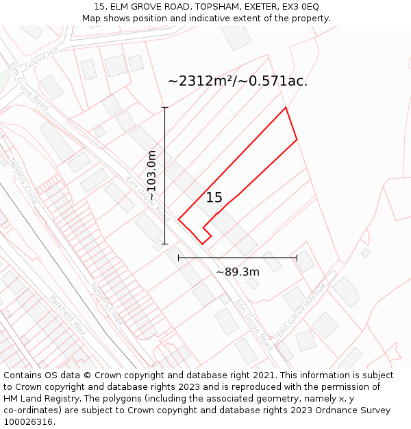 15, ELM GROVE ROAD, TOPSHAM, EXETER, EX3 0EQ: Plot and title map