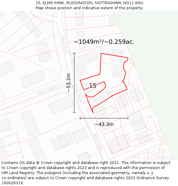 15, ELMS PARK, RUDDINGTON, NOTTINGHAM, NG11 6NU: Plot and title map