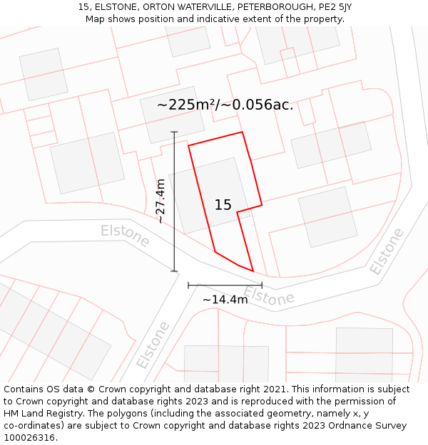 15, ELSTONE, ORTON WATERVILLE, PETERBOROUGH, PE2 5JY: Plot and title map