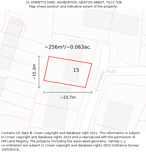 15, EMMETTS PARK, ASHBURTON, NEWTON ABBOT, TQ13 7DB: Plot and title map